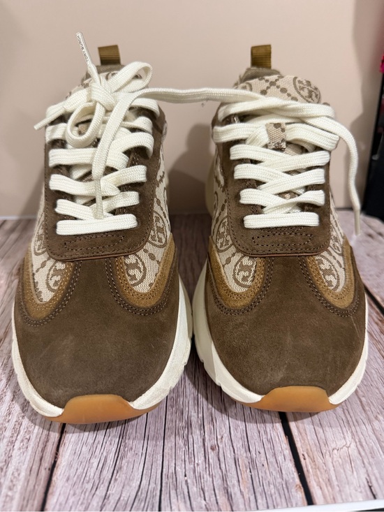 Tory Burch Shoes - Tory Burch Brown Suede and Cream Logo Canvas Sneakers